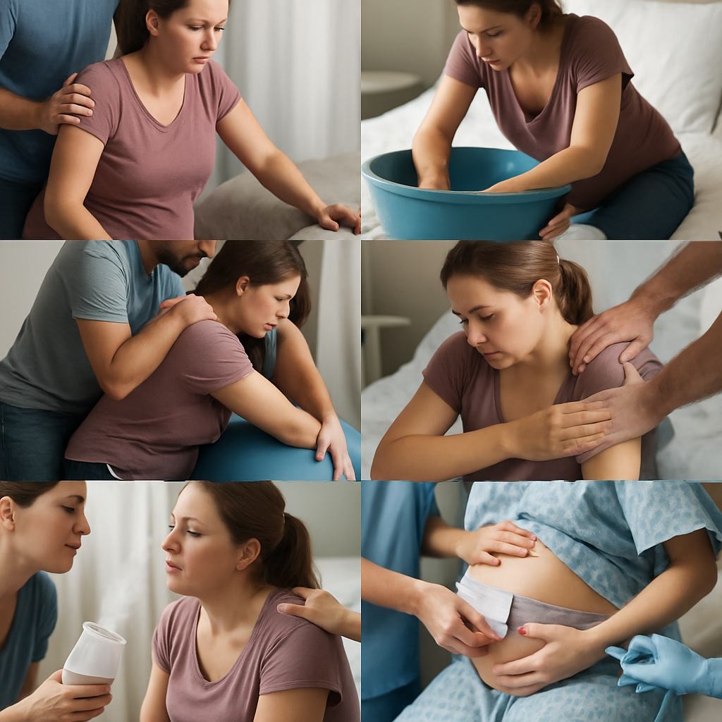A collage of labor comfort measures including soothing rituals and modern medical approaches.