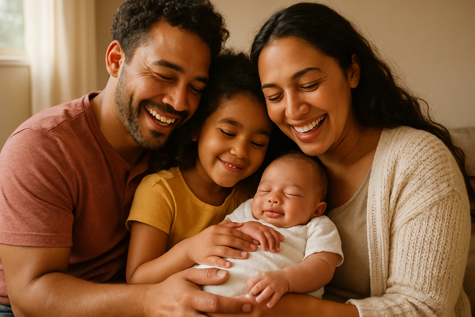 A joyful family embracing their new arrival with warmth and care.