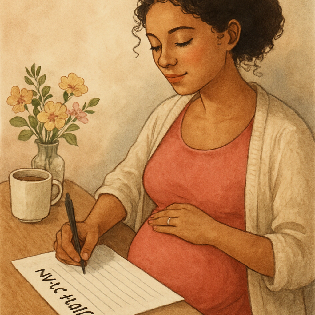 A mother drafting her birth plan with inspiration and care.