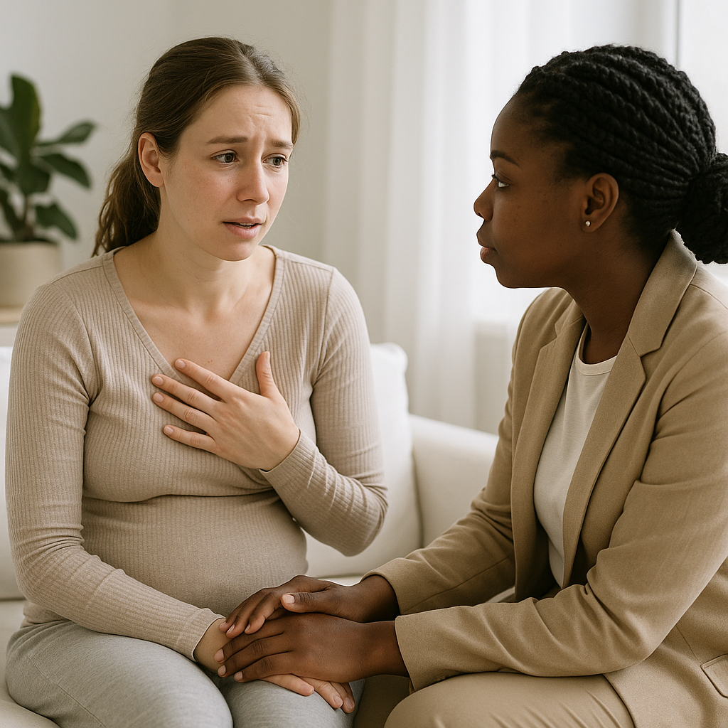 A peaceful, supportive conversation about mental health awareness in a bright, uncluttered space showing compassionate postpartum care