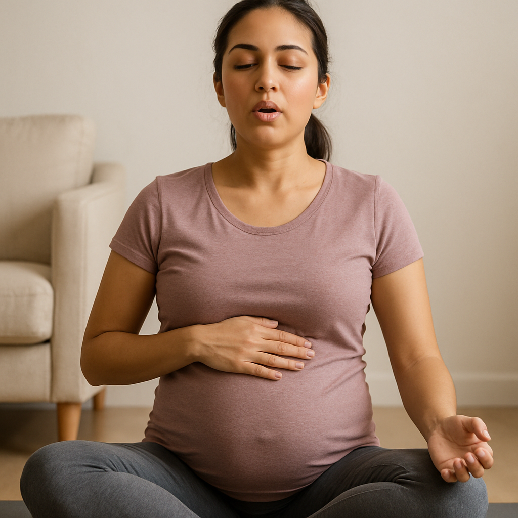 Expectant parent practicing breathing and relaxation techniques.
