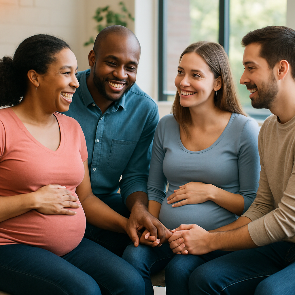 Expectant parents collaborating in a supportive community session.