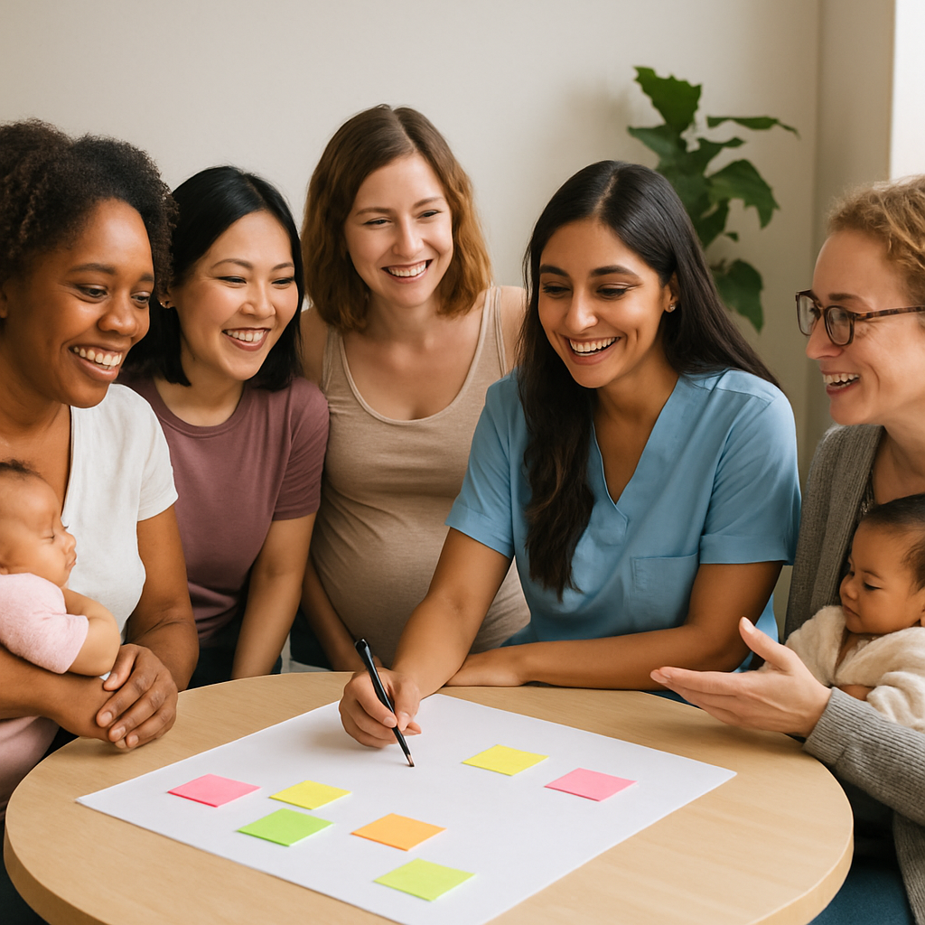 Group of diverse mothers and birth professionals collaborating and sharing ideas.