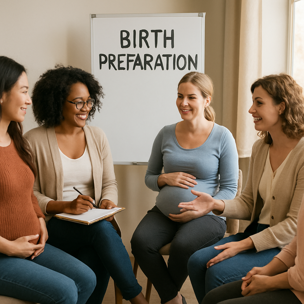 Mothers and educators connecting in a supportive group session, sharing insights about birth preparation.