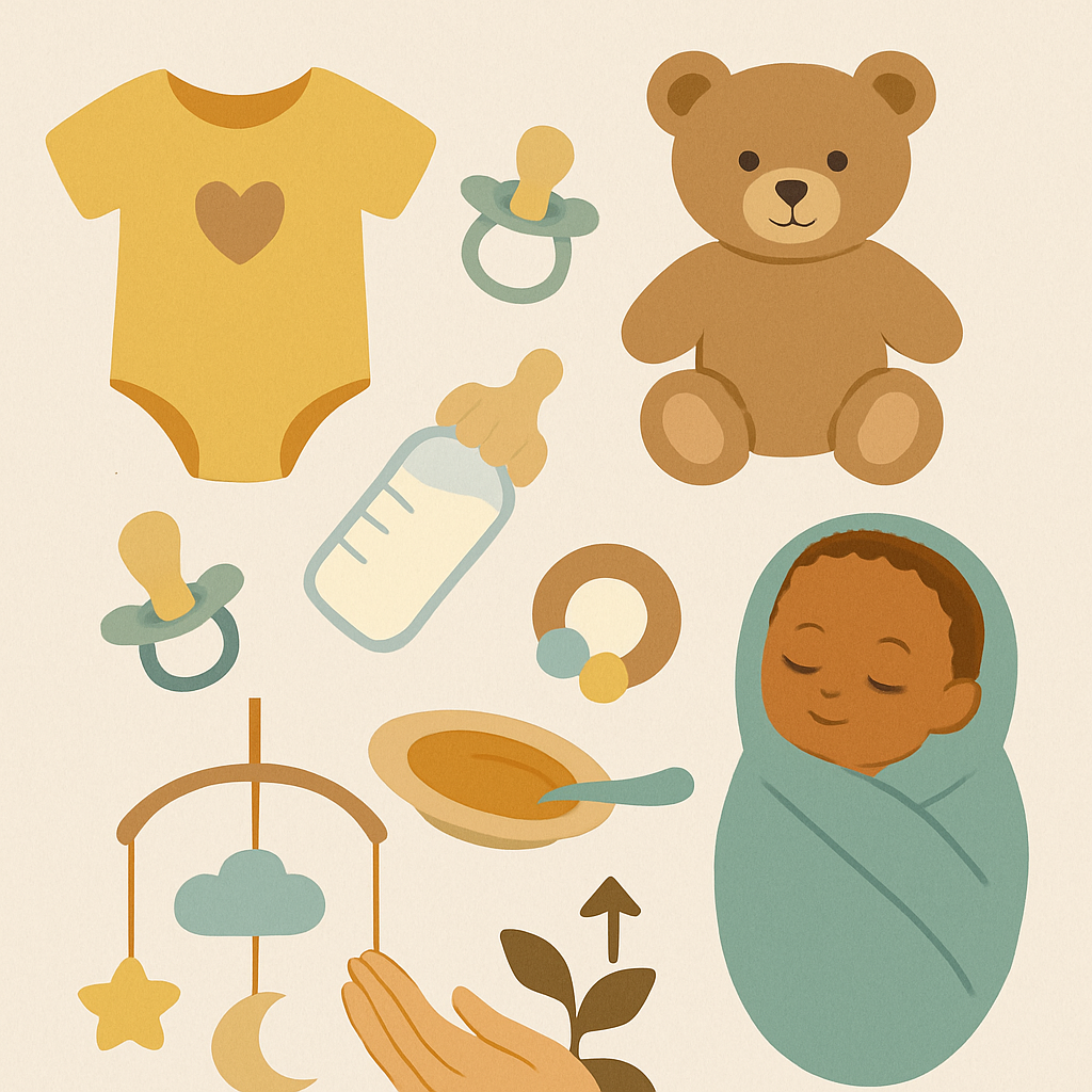 Visual representation of essential baby items and gentle routines promoting growth